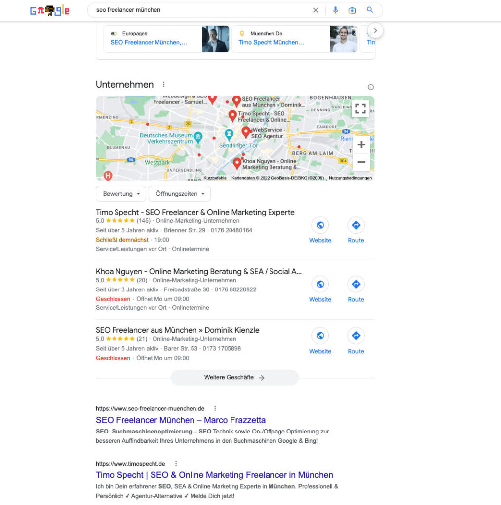 Google-Suchergebnisse für "SEO Freelancer München" mit Kartenansicht und Listenansicht, Timo Specht als Top-Eintrag