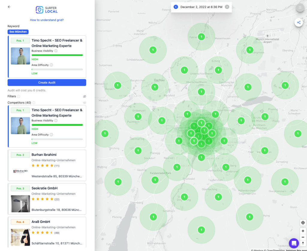 Karte von München im SurferLocal-Tool zeigt lokale Google Map-Rankings mit grünen Kreisen.