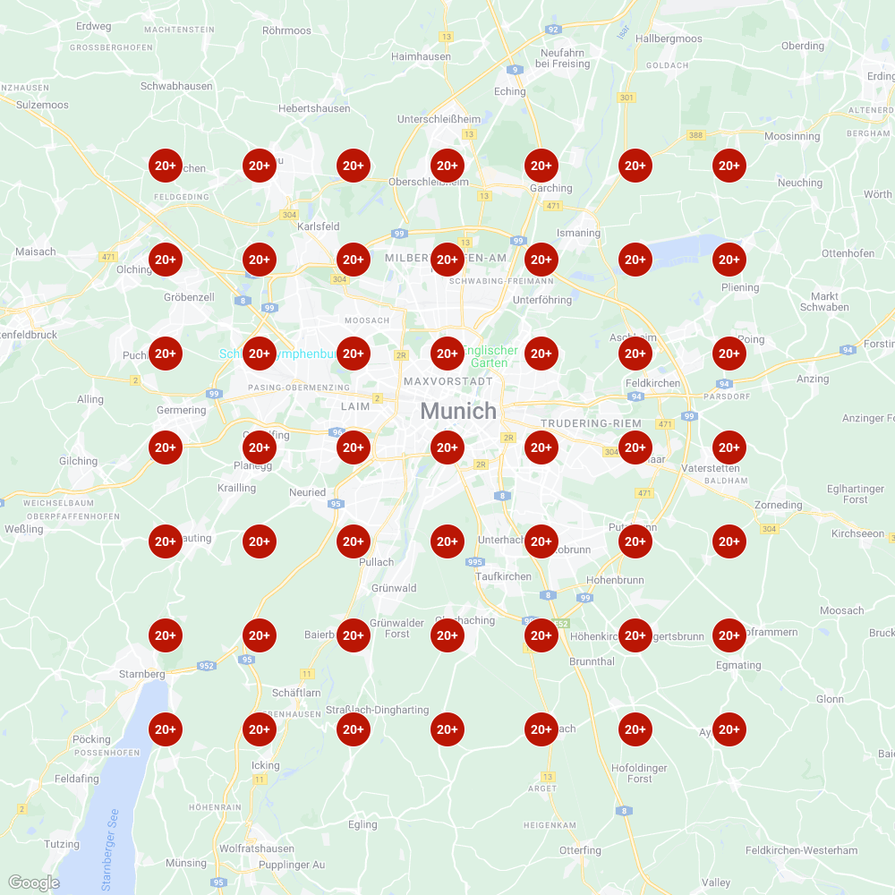 Karte von München mit Markierungen und Zahlen, die Standorte mit mehr als 20 Einträgen zeigen.