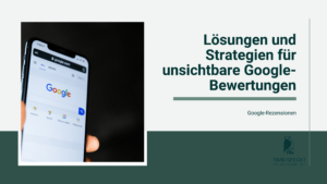 Präsentationsfolie mit einem Smartphone, das Google zeigt, neben Text über Strategien für unsichtbare Google-Bewertungen und dem Logo von Timo Specht Online Marketing.