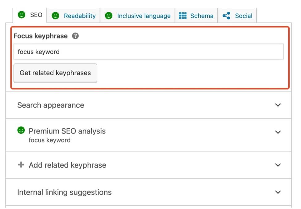 SEO-Tool-Schnittstelle zur Eingabe von Fokus-Keywords und Abrufen verwandter Schlüsselphrasen.