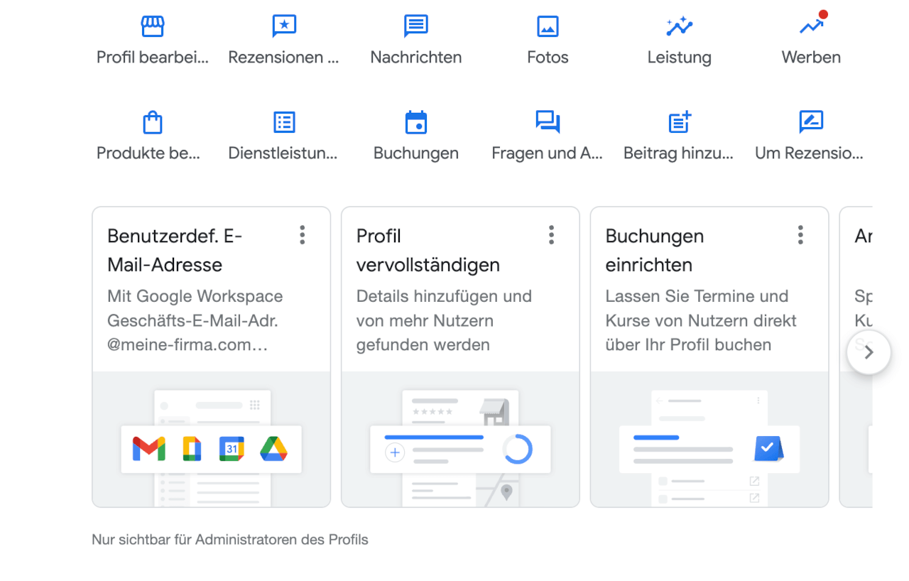 Screenshot über Einstellungsmöglichkeiten im Google Unternehmensprofil