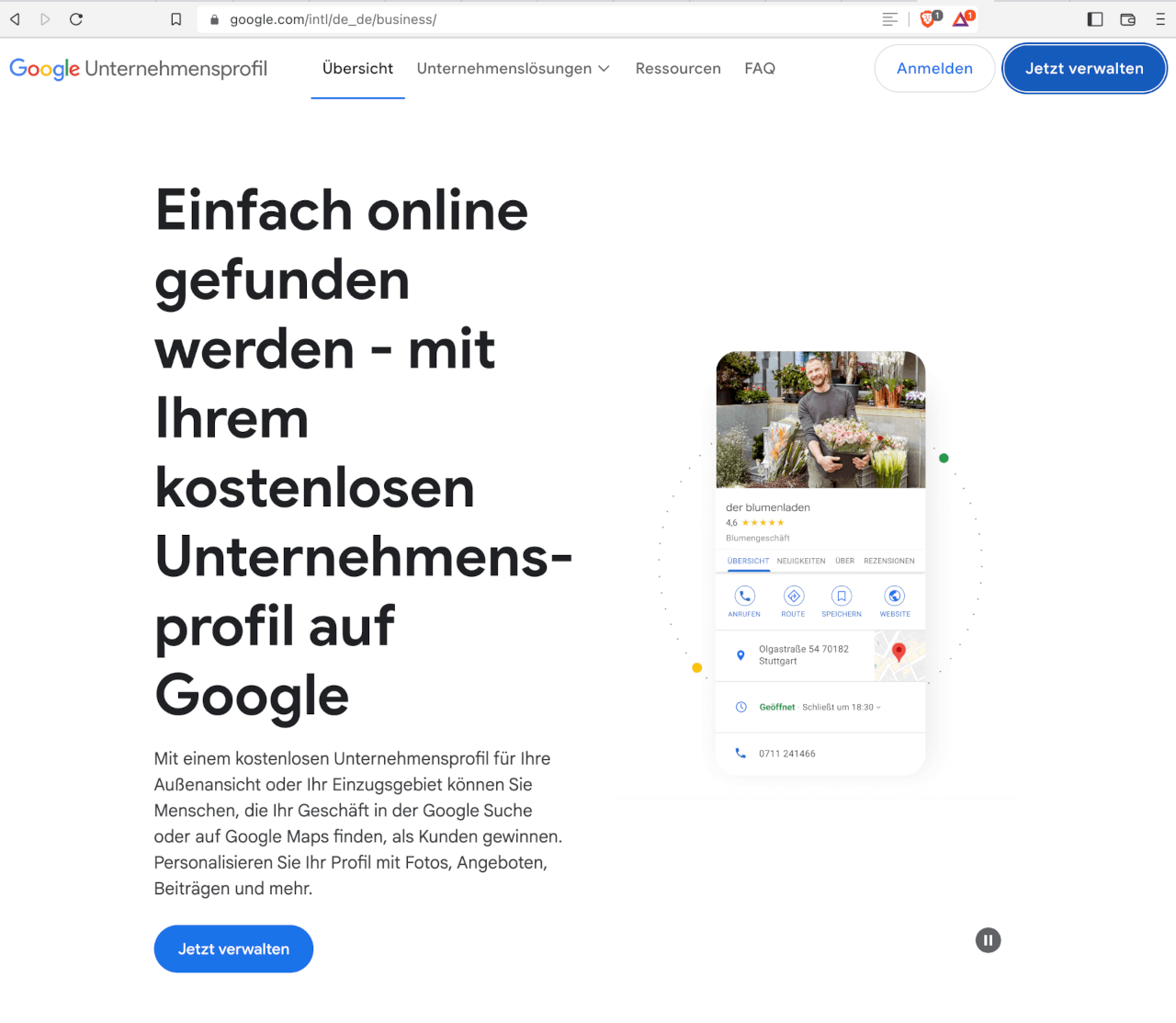 Screenshot von der Startseite Google Unternehmensprofil (Google My Business Profile)