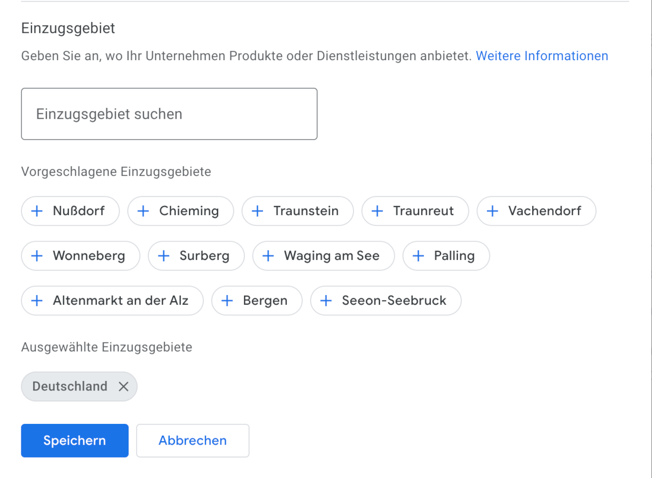 Screenshot zur Übersicht der Einzugsgebiete im Google Unternehmensprofil