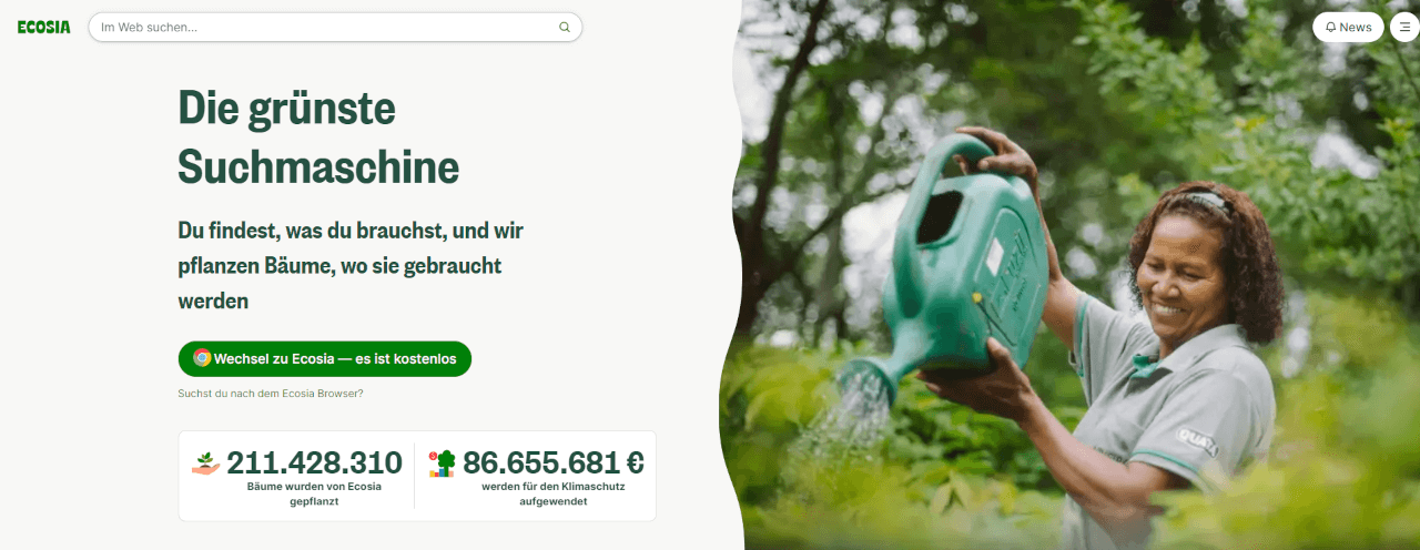 Screenshot der Startseite von der Suchmaschine Ecosia
