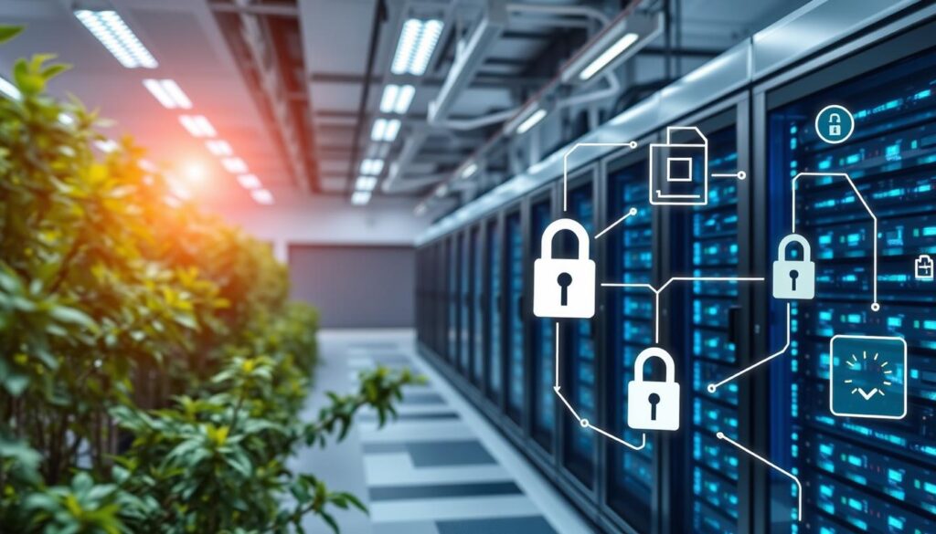 Rechenzentrum mit blauen Servern im Hintergrund, verschlüsselte Symbole wie Schlösser und Dokumente im Vordergrund, und Pflanzen auf der linken Seite, die auf nachhaltige Technologie hinweisen.