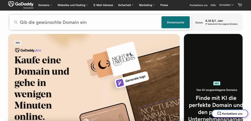 Startseite von GoDaddy