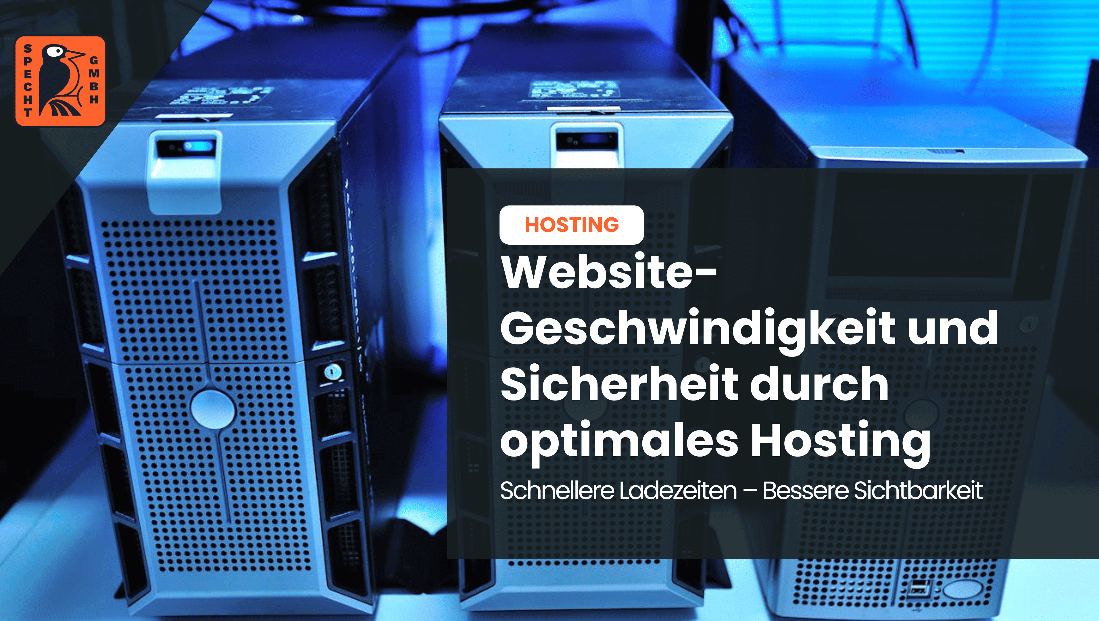 Server im Rechenzentrum mit Text-Overlay zu Website-Geschwindigkeit und Hosting-Sicherheit